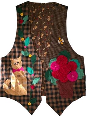 Handmade Vintage Cat & Garden Appliqué Vest